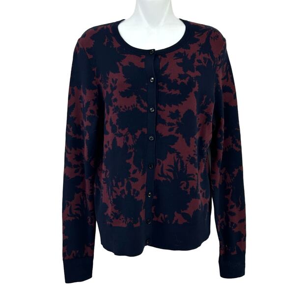Ann Taylor Navy Red Floral Button Up Cardigan Sweater Medium - Picture 1 of 5
